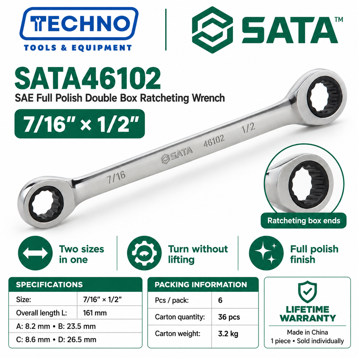 Shop SATA46101 to SATA46104 full polish SAE double box ratcheting wrenches, 5/16" x 3/8" to 11/16" x 3/4". Lifetime warranty.