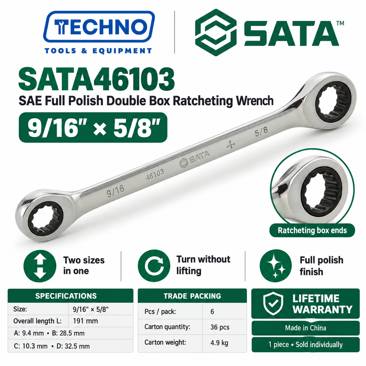 Shop SATA46101 to SATA46104 full polish SAE double box ratcheting wrenches, 5/16" x 3/8" to 11/16" x 3/4". Lifetime warranty.