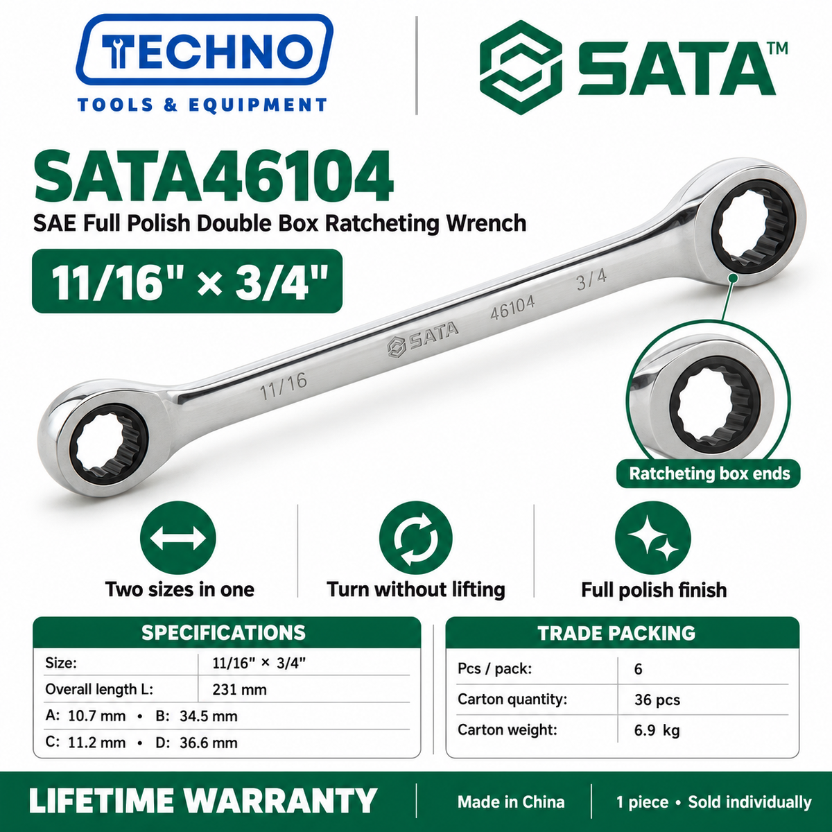 Shop SATA46101 to SATA46104 full polish SAE double box ratcheting wrenches, 5/16" x 3/8" to 11/16" x 3/4". Lifetime warranty.