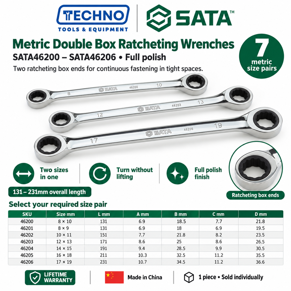 Shop SATA46200 to SATA46206 full polish double box ratcheting wrenches, 8x9mm to 17x19mm. Two sizes in one tool. Lifetime warranty.