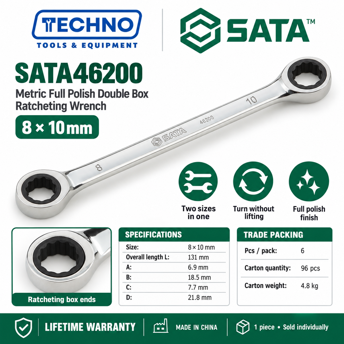 Shop SATA46200 to SATA46206 full polish double box ratcheting wrenches, 8x9mm to 17x19mm. Two sizes in one tool. Lifetime warranty.