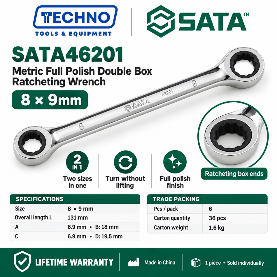 Shop SATA46200 to SATA46206 full polish double box ratcheting wrenches, 8x9mm to 17x19mm. Two sizes in one tool. Lifetime warranty.