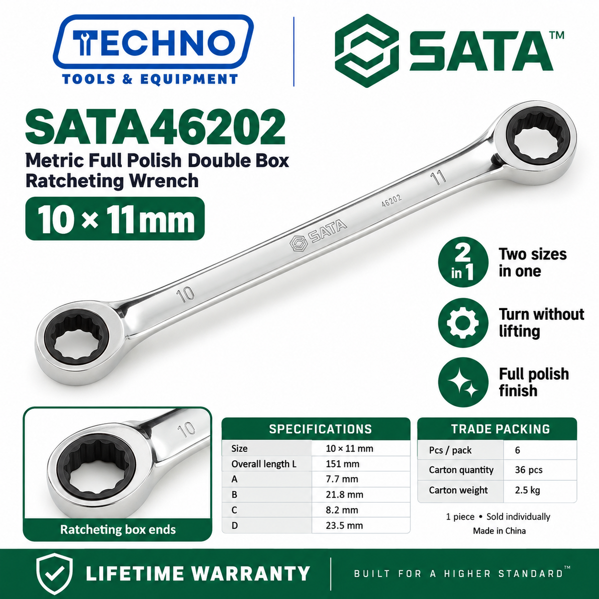 Shop SATA46200 to SATA46206 full polish double box ratcheting wrenches, 8x9mm to 17x19mm. Two sizes in one tool. Lifetime warranty.