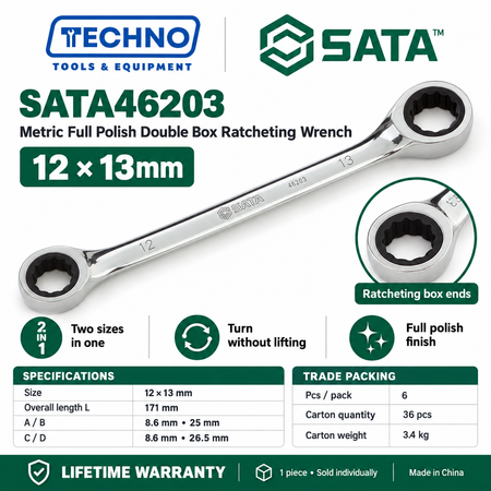 Shop SATA46200 to SATA46206 full polish double box ratcheting wrenches, 8x9mm to 17x19mm. Two sizes in one tool. Lifetime warranty.
