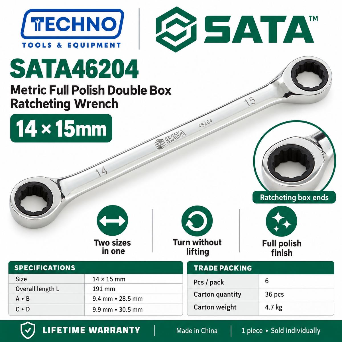 Shop SATA46200 to SATA46206 full polish double box ratcheting wrenches, 8x9mm to 17x19mm. Two sizes in one tool. Lifetime warranty.