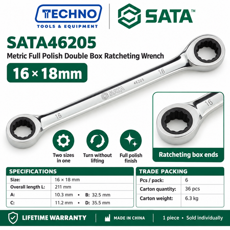 Shop SATA46200 to SATA46206 full polish double box ratcheting wrenches, 8x9mm to 17x19mm. Two sizes in one tool. Lifetime warranty.