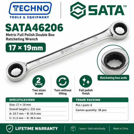 Shop SATA46200 to SATA46206 full polish double box ratcheting wrenches, 8x9mm to 17x19mm. Two sizes in one tool. Lifetime warranty.