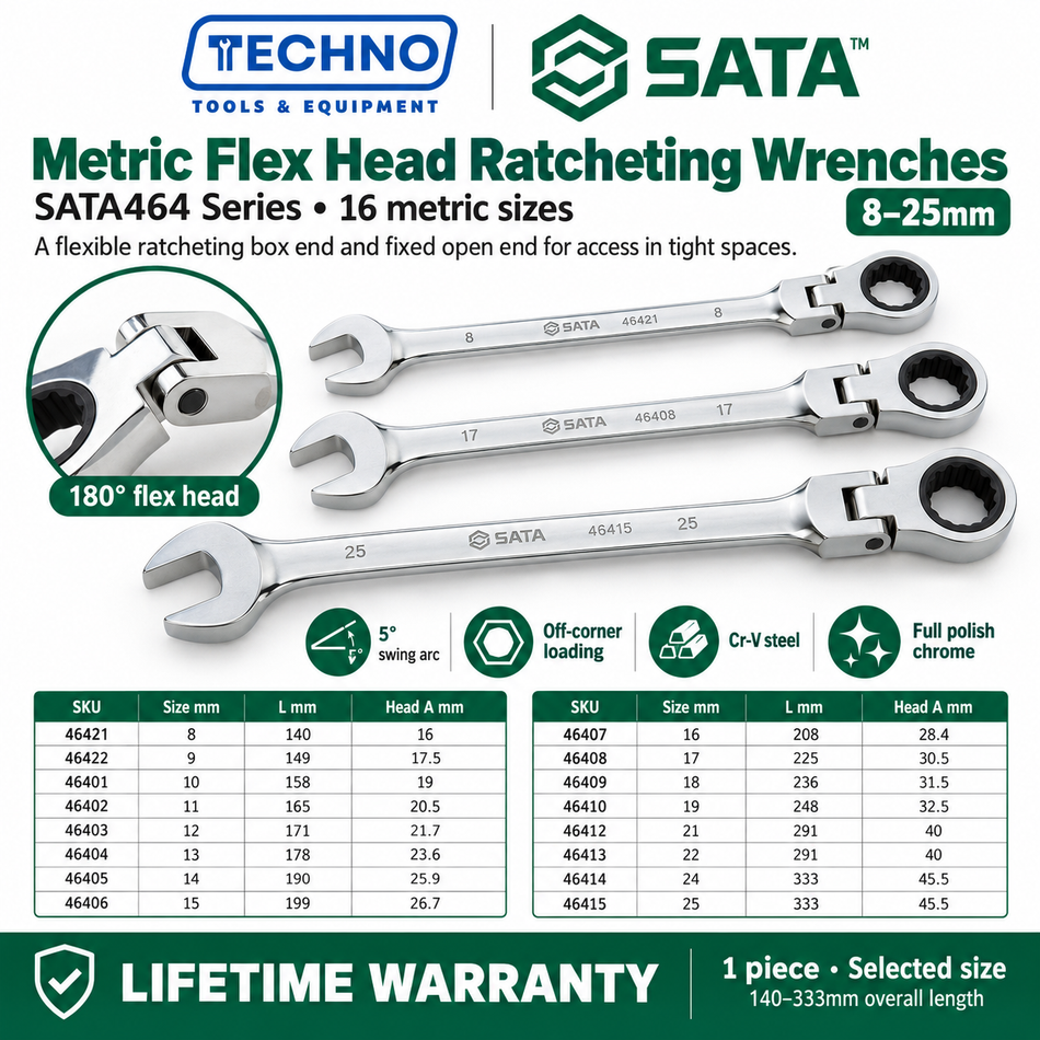 Shop SATA 46401-46422 metric flex head ratcheting wrenches, 8-25mm. 180° flex head, thin polished design for tight spaces. Genuine SATA tools.