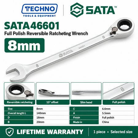 Shop SATA 46601-46616 full polish reversible ratcheting wrenches, 8-25mm. Two-way quick release, thin polished design. Lifetime warranty.