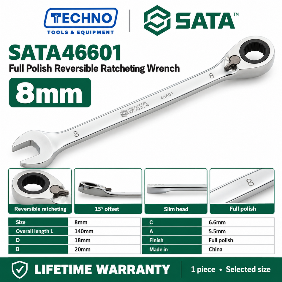 Shop SATA 46601-46616 full polish reversible ratcheting wrenches, 8-25mm. Two-way quick release, thin polished design. Lifetime warranty.