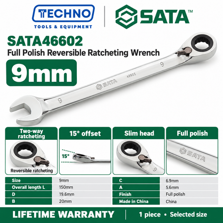 Shop SATA 46601-46616 full polish reversible ratcheting wrenches, 8-25mm. Two-way quick release, thin polished design. Lifetime warranty.