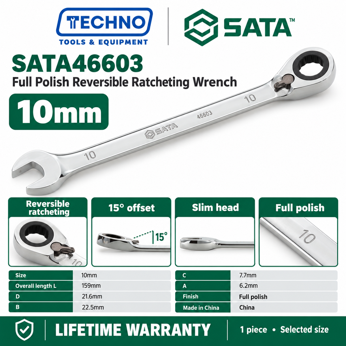 Shop SATA 46601-46616 full polish reversible ratcheting wrenches, 8-25mm. Two-way quick release, thin polished design. Lifetime warranty.