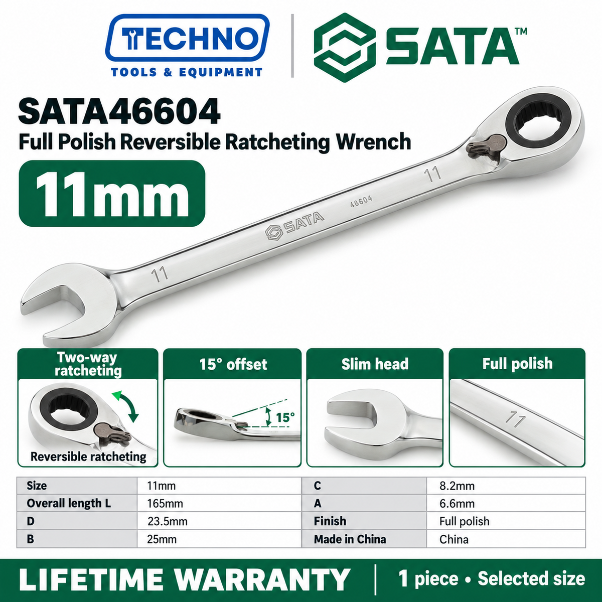 Shop SATA 46601-46616 full polish reversible ratcheting wrenches, 8-25mm. Two-way quick release, thin polished design. Lifetime warranty.