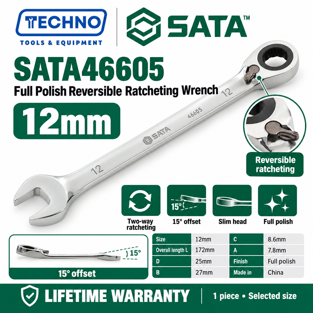 Shop SATA 46601-46616 full polish reversible ratcheting wrenches, 8-25mm. Two-way quick release, thin polished design. Lifetime warranty.