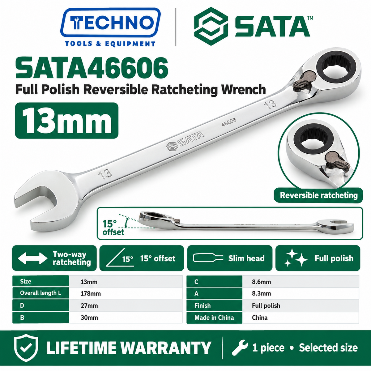 Shop SATA 46601-46616 full polish reversible ratcheting wrenches, 8-25mm. Two-way quick release, thin polished design. Lifetime warranty.