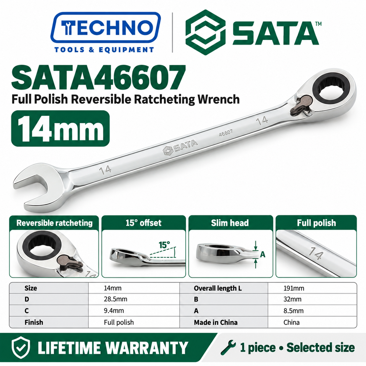 Shop SATA 46601-46616 full polish reversible ratcheting wrenches, 8-25mm. Two-way quick release, thin polished design. Lifetime warranty.