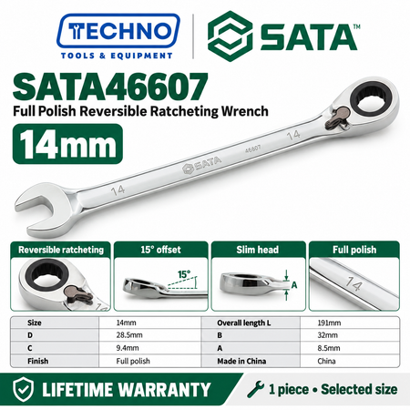 Shop SATA 46601-46616 full polish reversible ratcheting wrenches, 8-25mm. Two-way quick release, thin polished design. Lifetime warranty.