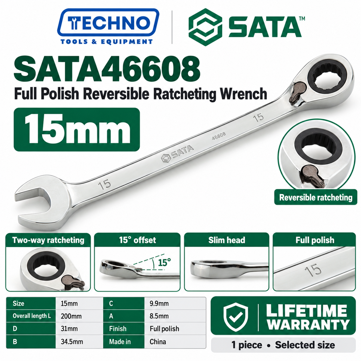 Shop SATA 46601-46616 full polish reversible ratcheting wrenches, 8-25mm. Two-way quick release, thin polished design. Lifetime warranty.