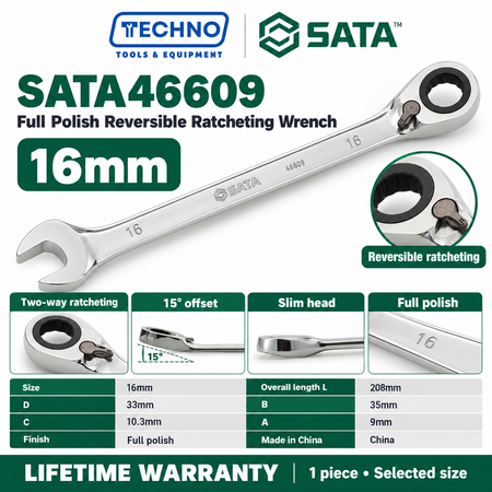 Shop SATA 46601-46616 full polish reversible ratcheting wrenches, 8-25mm. Two-way quick release, thin polished design. Lifetime warranty.