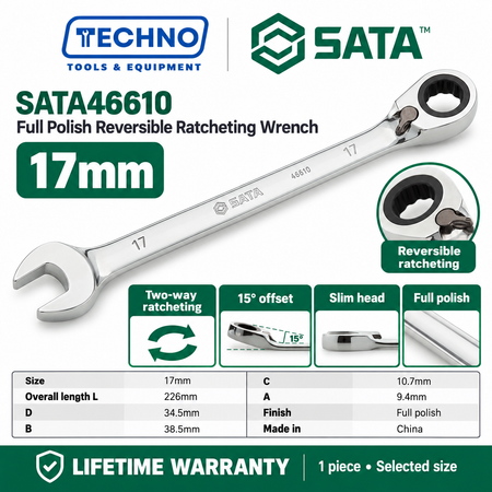 Shop SATA 46601-46616 full polish reversible ratcheting wrenches, 8-25mm. Two-way quick release, thin polished design. Lifetime warranty.