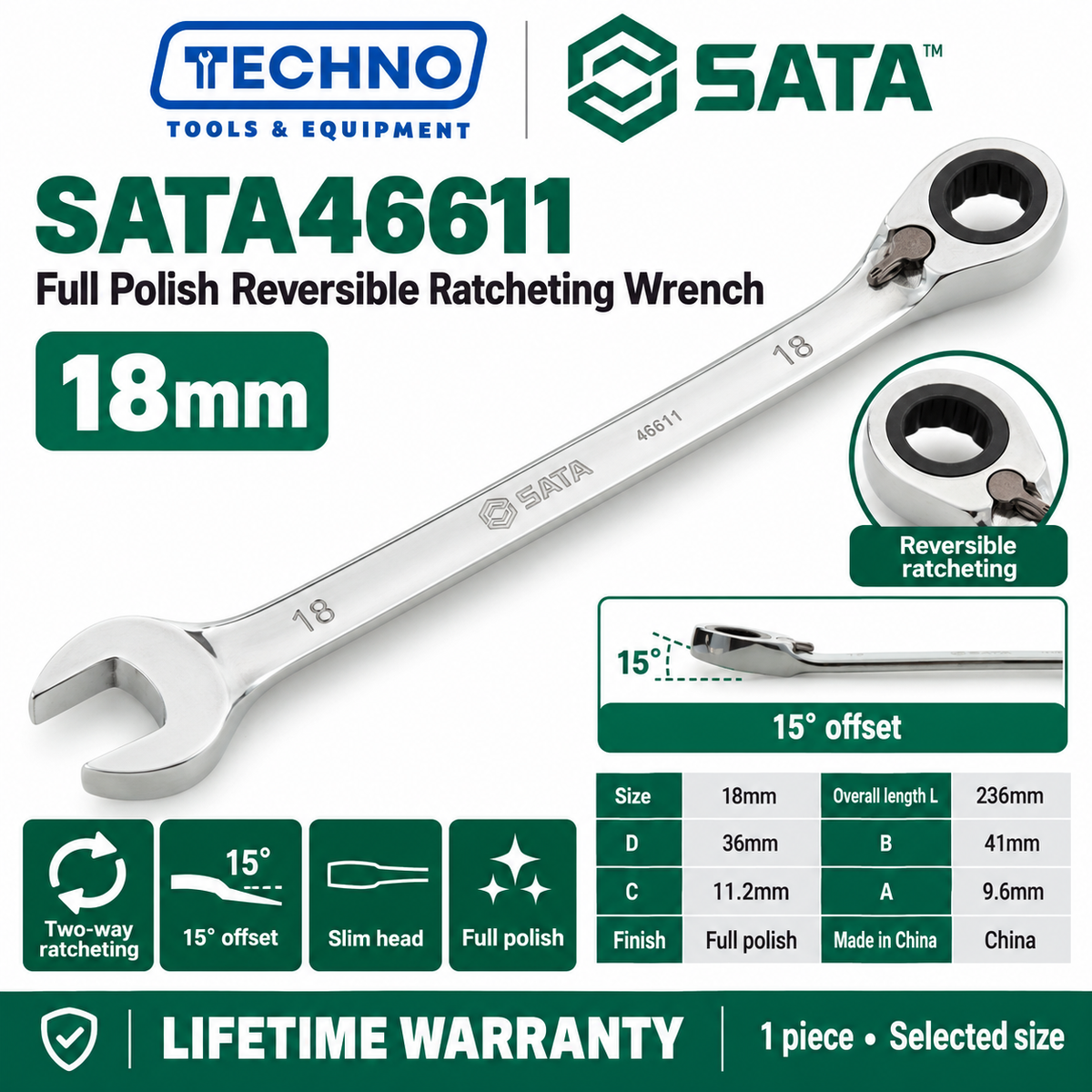 Shop SATA 46601-46616 full polish reversible ratcheting wrenches, 8-25mm. Two-way quick release, thin polished design. Lifetime warranty.