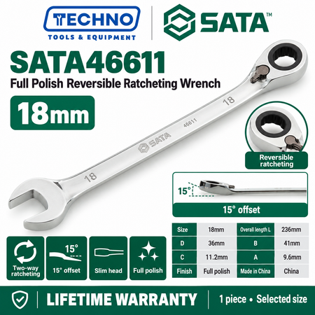 Shop SATA 46601-46616 full polish reversible ratcheting wrenches, 8-25mm. Two-way quick release, thin polished design. Lifetime warranty.