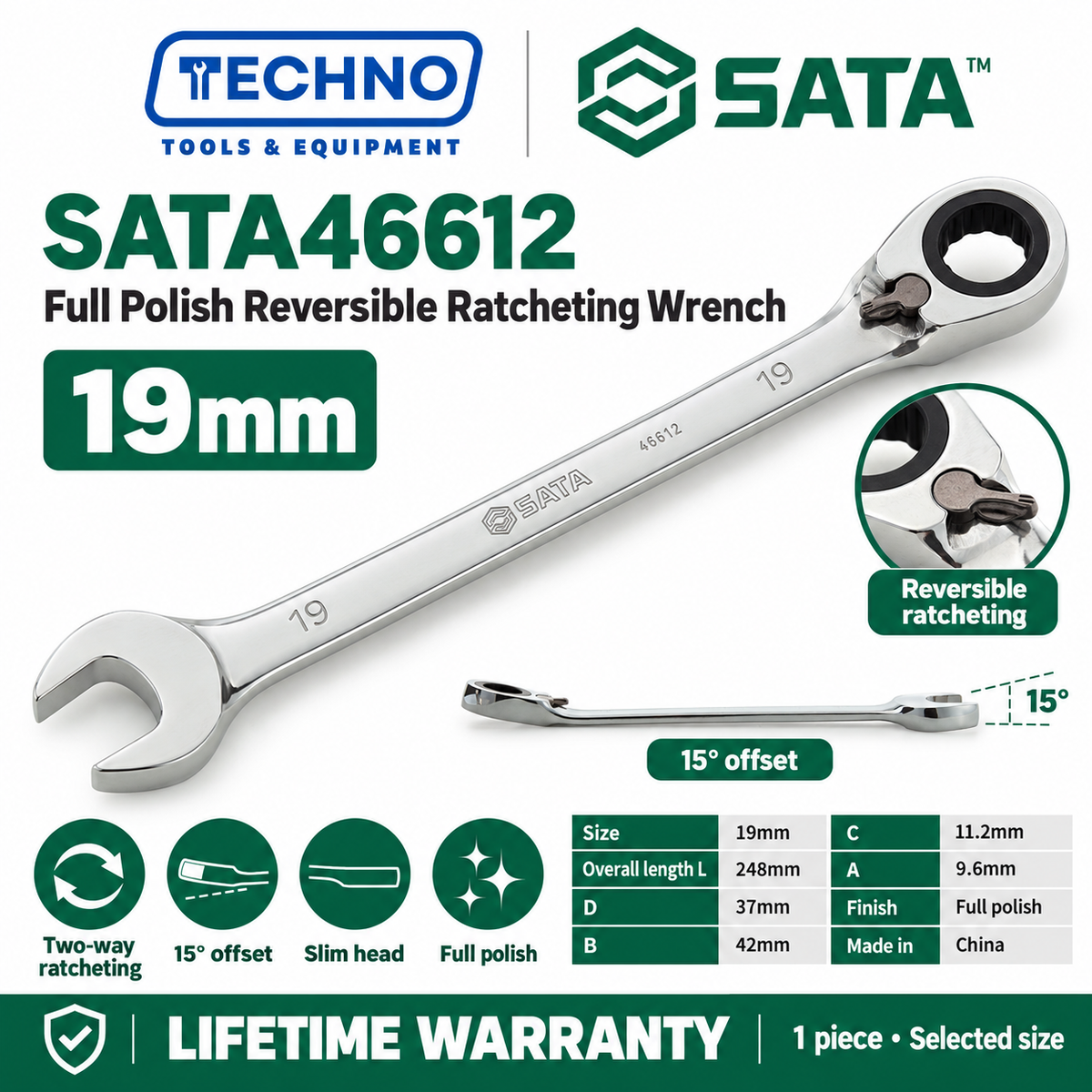 Shop SATA 46601-46616 full polish reversible ratcheting wrenches, 8-25mm. Two-way quick release, thin polished design. Lifetime warranty.