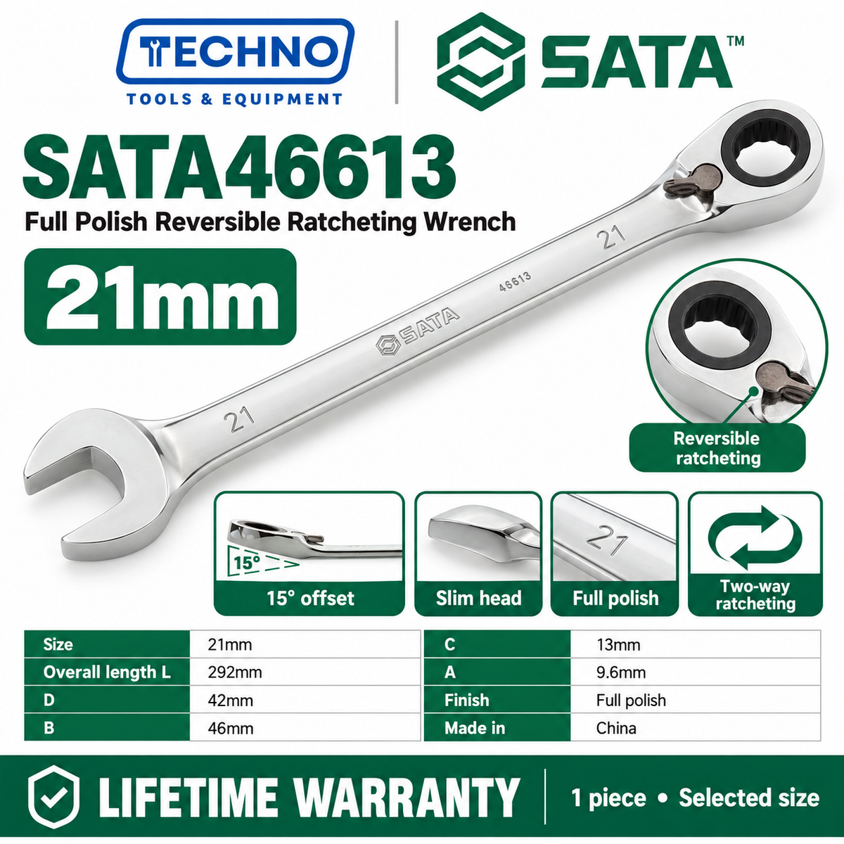 Shop SATA 46601-46616 full polish reversible ratcheting wrenches, 8-25mm. Two-way quick release, thin polished design. Lifetime warranty.