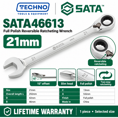 Shop SATA 46601-46616 full polish reversible ratcheting wrenches, 8-25mm. Two-way quick release, thin polished design. Lifetime warranty.