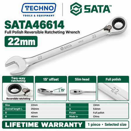Shop SATA 46601-46616 full polish reversible ratcheting wrenches, 8-25mm. Two-way quick release, thin polished design. Lifetime warranty.