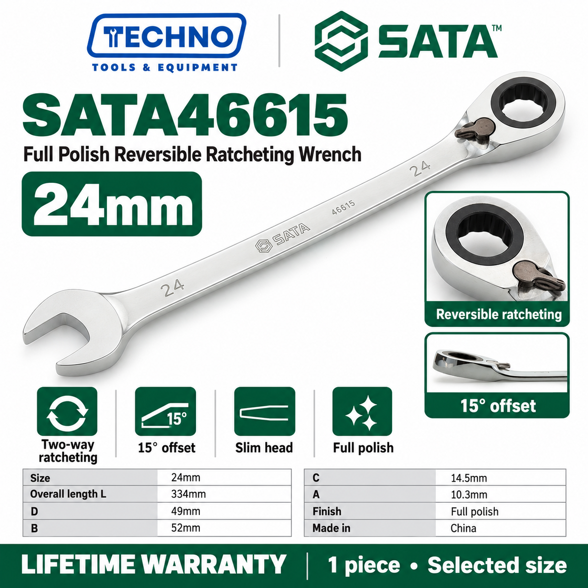 Shop SATA 46601-46616 full polish reversible ratcheting wrenches, 8-25mm. Two-way quick release, thin polished design. Lifetime warranty.
