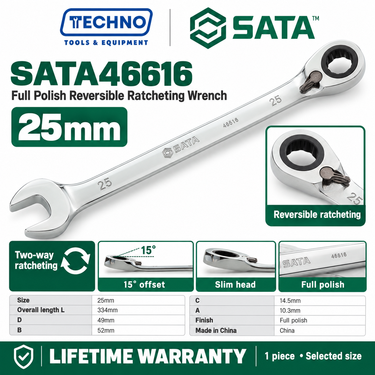Shop SATA 46601-46616 full polish reversible ratcheting wrenches, 8-25mm. Two-way quick release, thin polished design. Lifetime warranty.