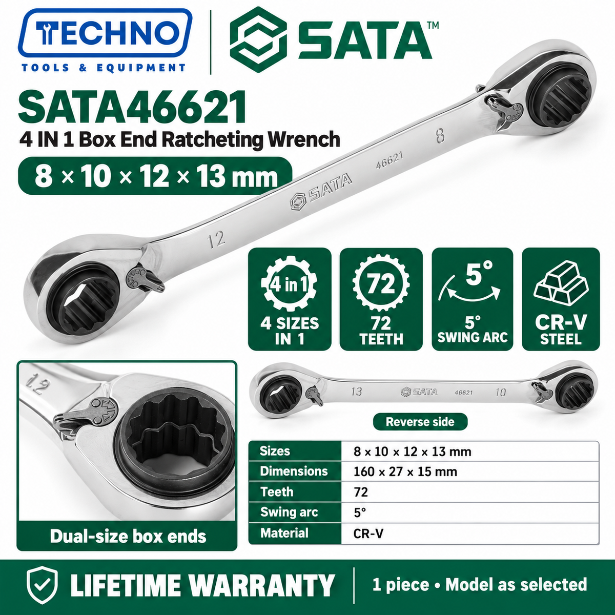Shop SATA 46621-46624 4 IN 1 box end ratcheting wrenches. 4 sizes in 1 tool, 72 teeth, 5° swing, CR-V steel, 8-24mm. Lifetime warranty.