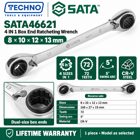 Shop SATA 46621-46624 4 IN 1 box end ratcheting wrenches. 4 sizes in 1 tool, 72 teeth, 5° swing, CR-V steel, 8-24mm. Lifetime warranty.