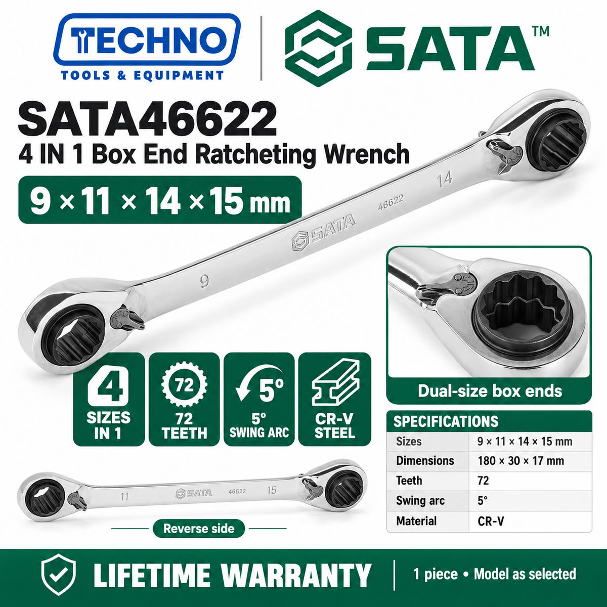 Shop SATA 46621-46624 4 IN 1 box end ratcheting wrenches. 4 sizes in 1 tool, 72 teeth, 5° swing, CR-V steel, 8-24mm. Lifetime warranty.