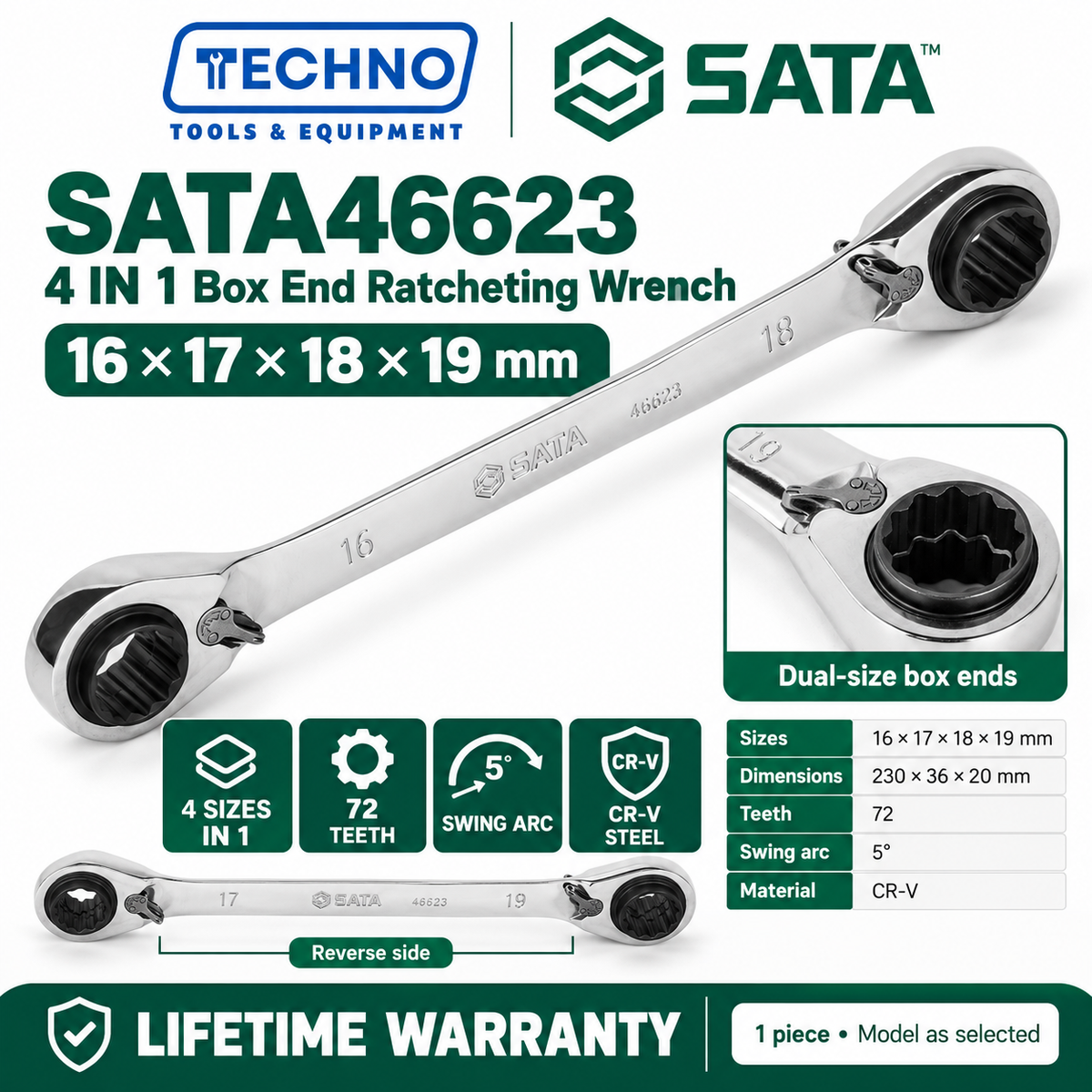 Shop SATA 46621-46624 4 IN 1 box end ratcheting wrenches. 4 sizes in 1 tool, 72 teeth, 5° swing, CR-V steel, 8-24mm. Lifetime warranty.