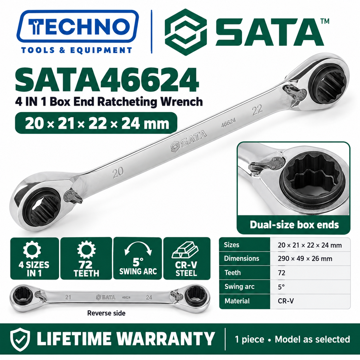 Shop SATA 46621-46624 4 IN 1 box end ratcheting wrenches. 4 sizes in 1 tool, 72 teeth, 5° swing, CR-V steel, 8-24mm. Lifetime warranty.