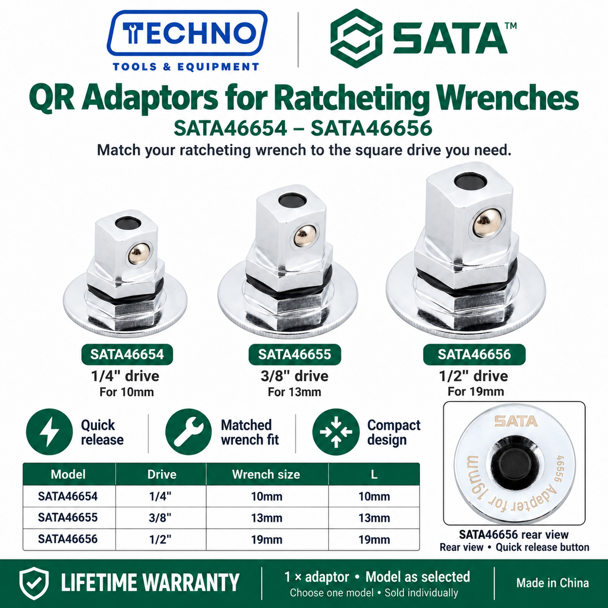 Shop SATA 46654-46656 drive QR adaptors for 10MM, 13MM and 19MM ratcheting wrenches. 1/4, 3/8 and 1/2 drive sizes. Lifetime warranty.