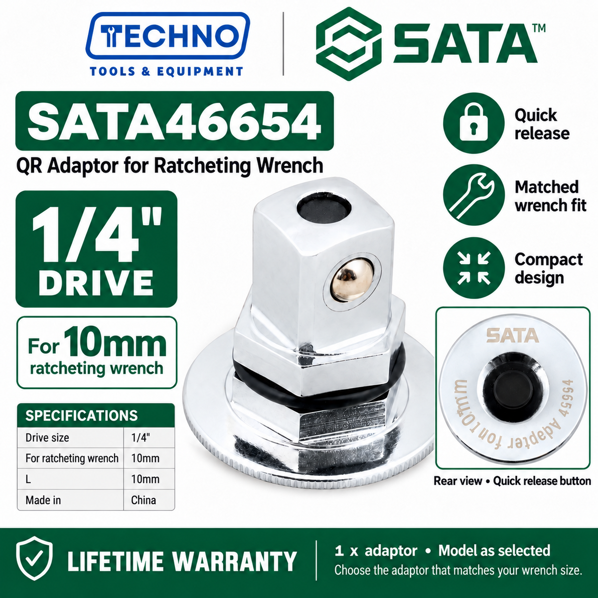 Shop SATA 46654-46656 drive QR adaptors for 10MM, 13MM and 19MM ratcheting wrenches. 1/4, 3/8 and 1/2 drive sizes. Lifetime warranty.