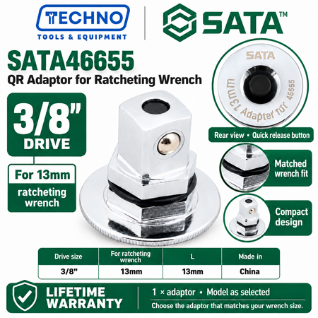 Shop SATA 46654-46656 drive QR adaptors for 10MM, 13MM and 19MM ratcheting wrenches. 1/4, 3/8 and 1/2 drive sizes. Lifetime warranty.