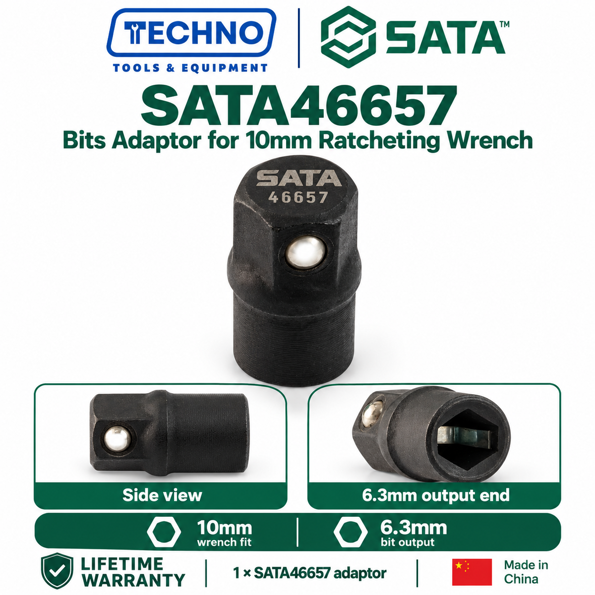 Shop SATA 46657 bits adaptor for 10MM ratcheting wrenches. 10mm drive end, 6.3mm output end for bits. Made in China, lifetime warranty.