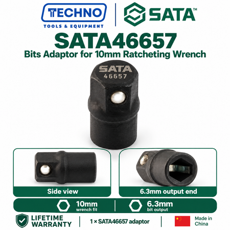 Shop SATA 46657 bits adaptor for 10MM ratcheting wrenches. 10mm drive end, 6.3mm output end for bits. Made in China, lifetime warranty.