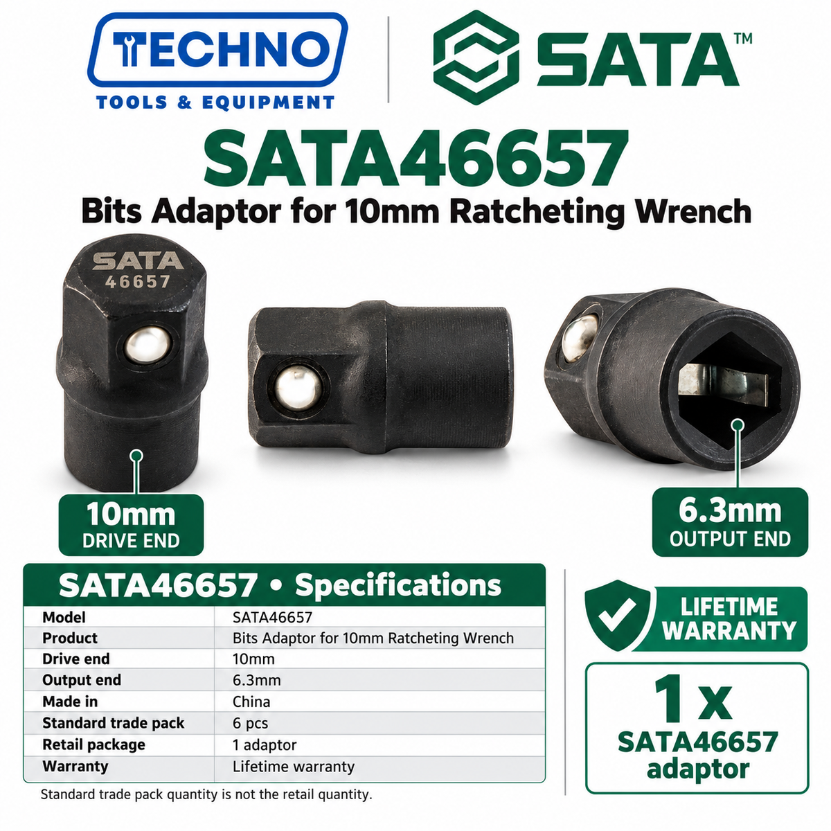 Shop SATA 46657 bits adaptor for 10MM ratcheting wrenches. 10mm drive end, 6.3mm output end for bits. Made in China, lifetime warranty.