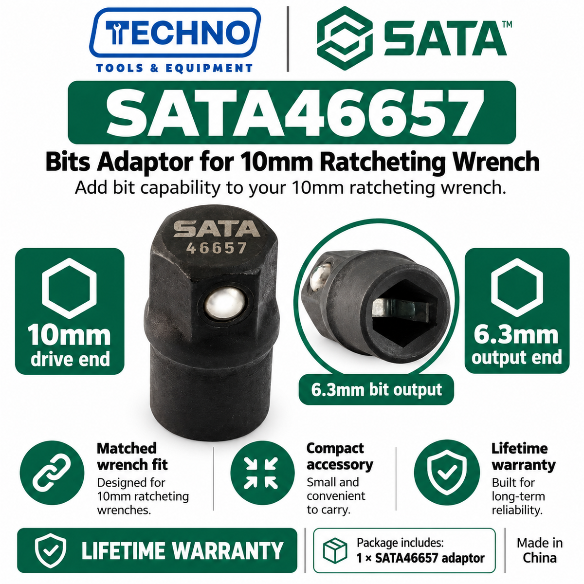 Shop SATA 46657 bits adaptor for 10MM ratcheting wrenches. 10mm drive end, 6.3mm output end for bits. Made in China, lifetime warranty.