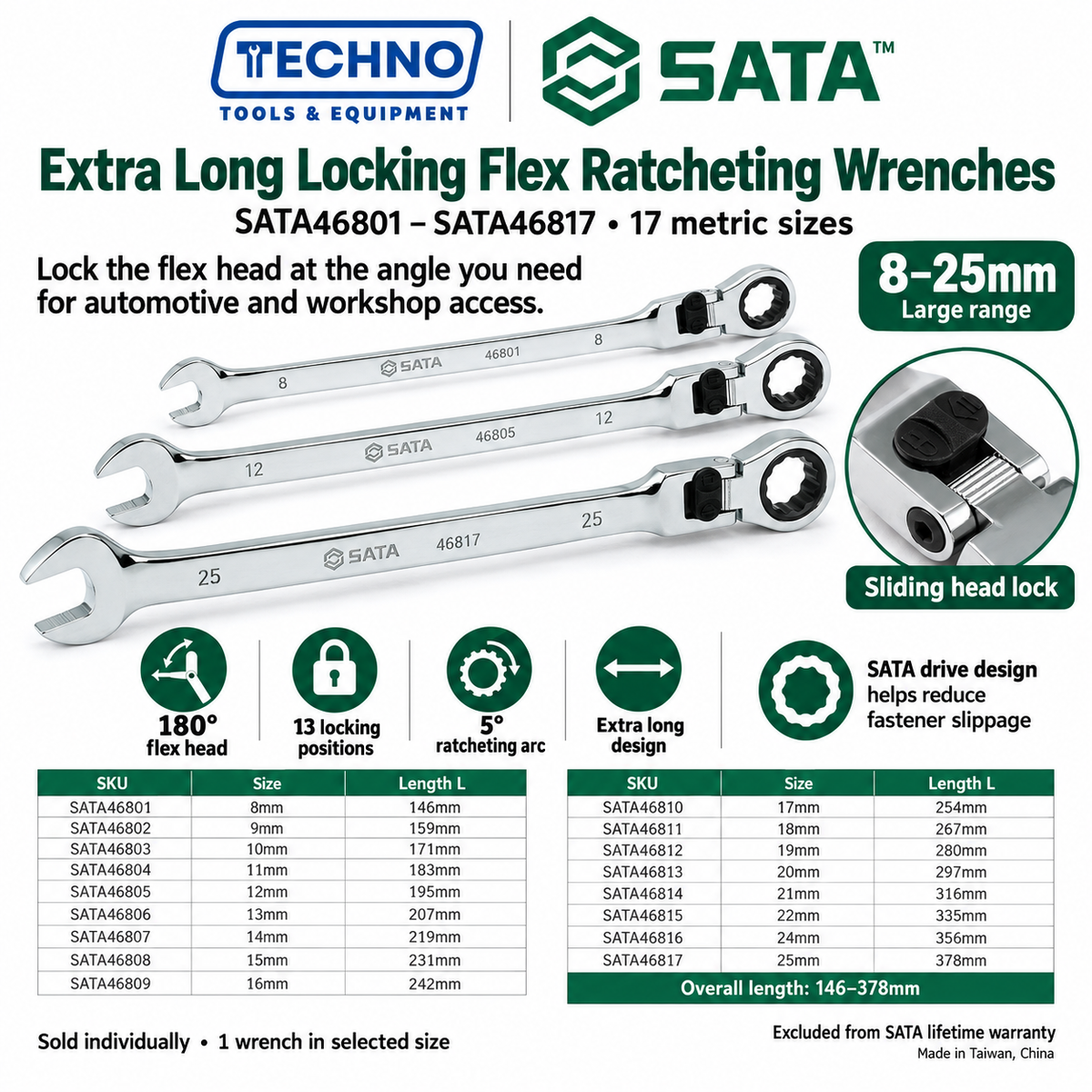 Shop SATA 46801-46817 extra long locking flex ratcheting wrenches, 8-25mm. 180° locking flex head with 13 positions and 5° ratcheting.