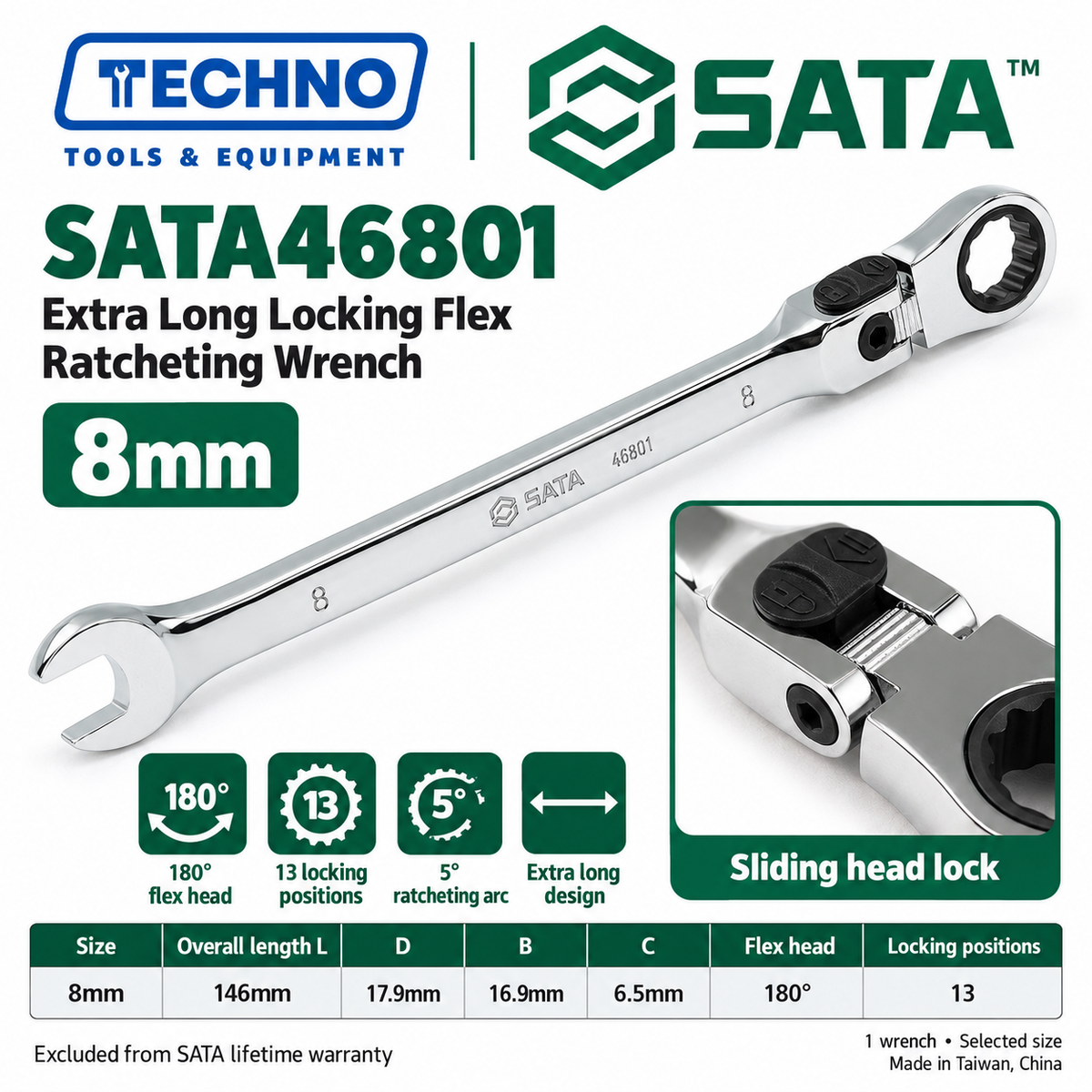 Shop SATA 46801-46817 extra long locking flex ratcheting wrenches, 8-25mm. 180° locking flex head with 13 positions and 5° ratcheting.