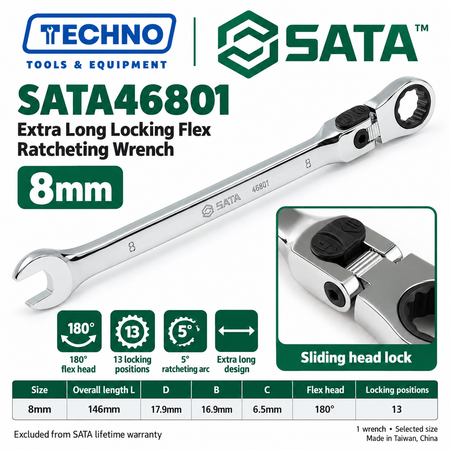 Shop SATA 46801-46817 extra long locking flex ratcheting wrenches, 8-25mm. 180° locking flex head with 13 positions and 5° ratcheting.