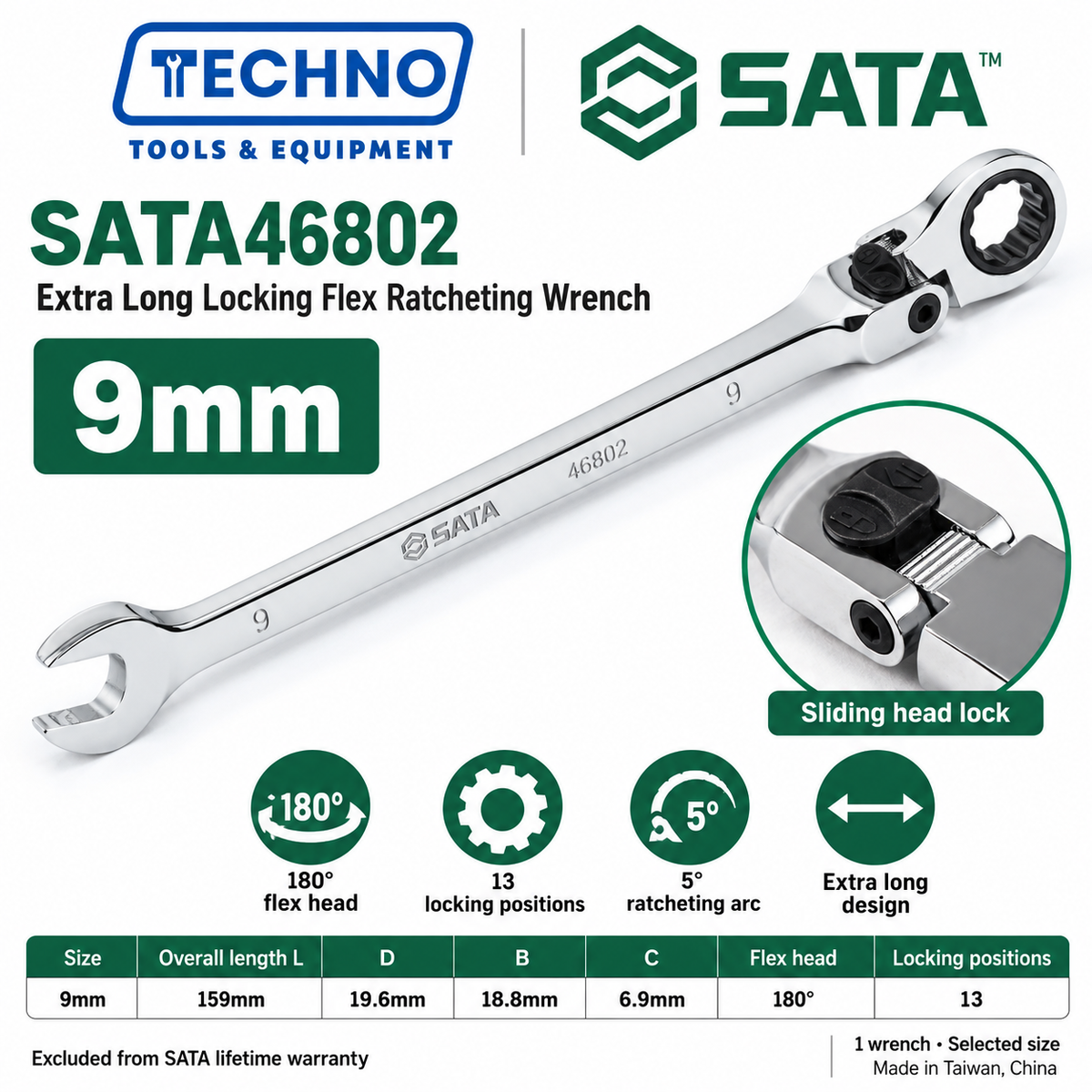 Shop SATA 46801-46817 extra long locking flex ratcheting wrenches, 8-25mm. 180° locking flex head with 13 positions and 5° ratcheting.