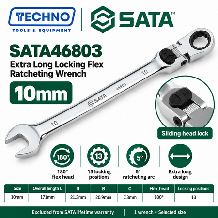 Shop SATA 46801-46817 extra long locking flex ratcheting wrenches, 8-25mm. 180° locking flex head with 13 positions and 5° ratcheting.