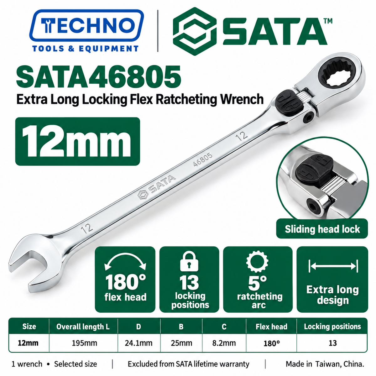 Shop SATA 46801-46817 extra long locking flex ratcheting wrenches, 8-25mm. 180° locking flex head with 13 positions and 5° ratcheting.